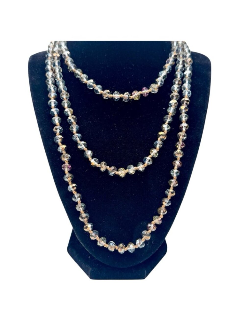 Vintage Crystal Bead Flapper Necklace 58” Hand Knotted Silk Faceted Blue Purple - Picture 3 of 14